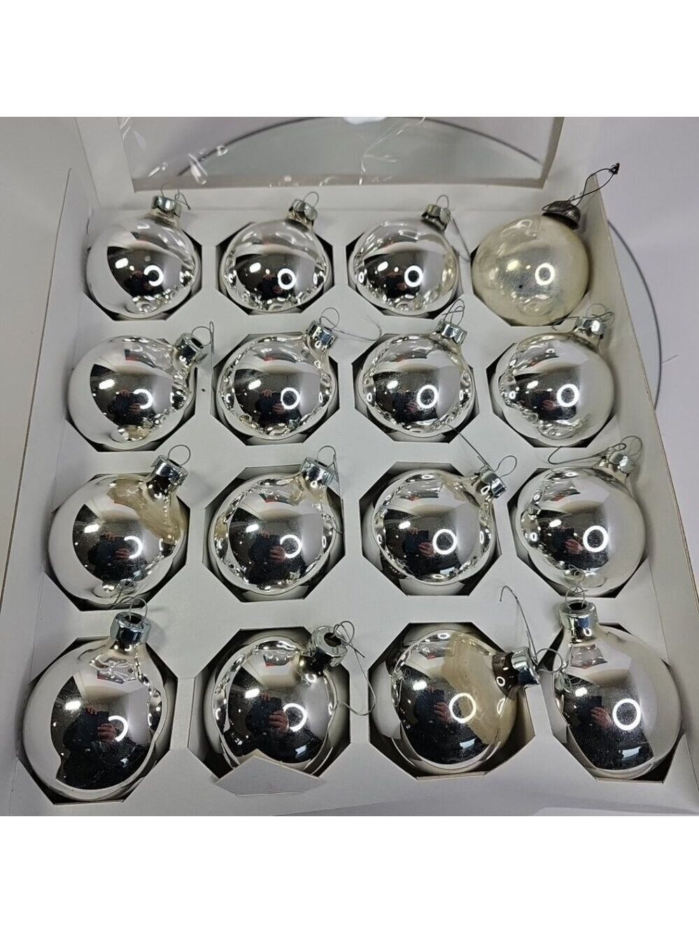 Vintage Christmas Ornaments Set Of 16 Silver Round Bauble Balls With Nice Box